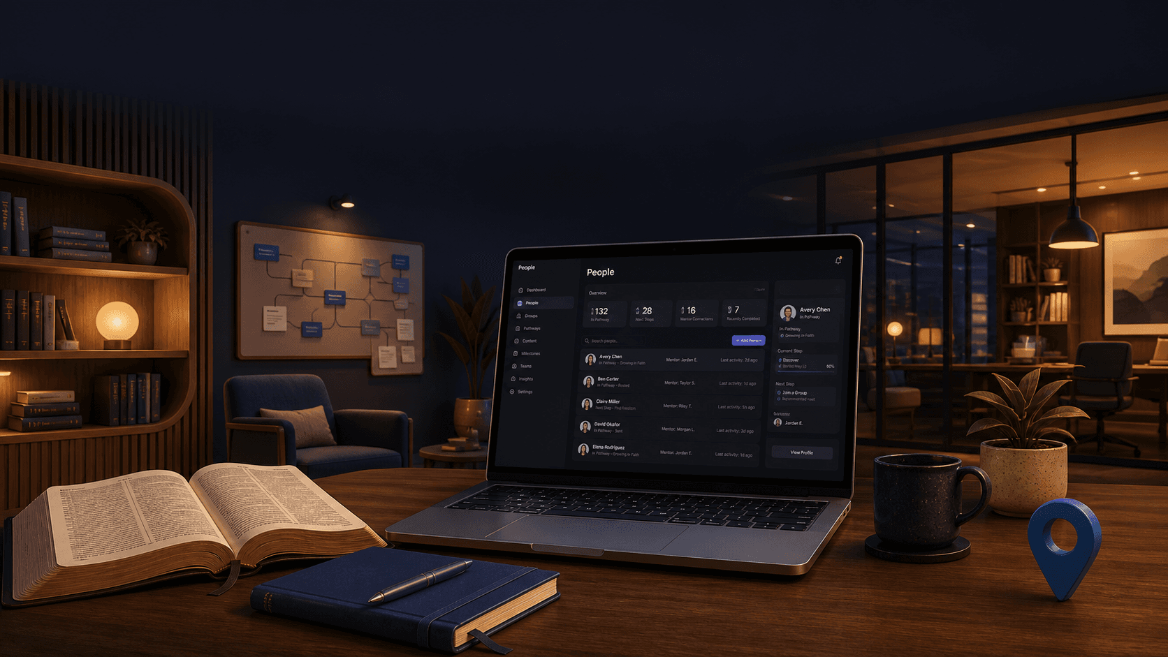 A stylized 3D discipleship pastor's office with Gatherflow on a laptop